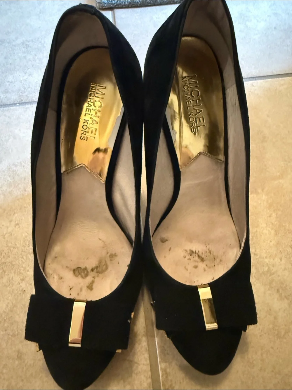 Michael Kors Black Suede Bow Pumps with Gold Trim
